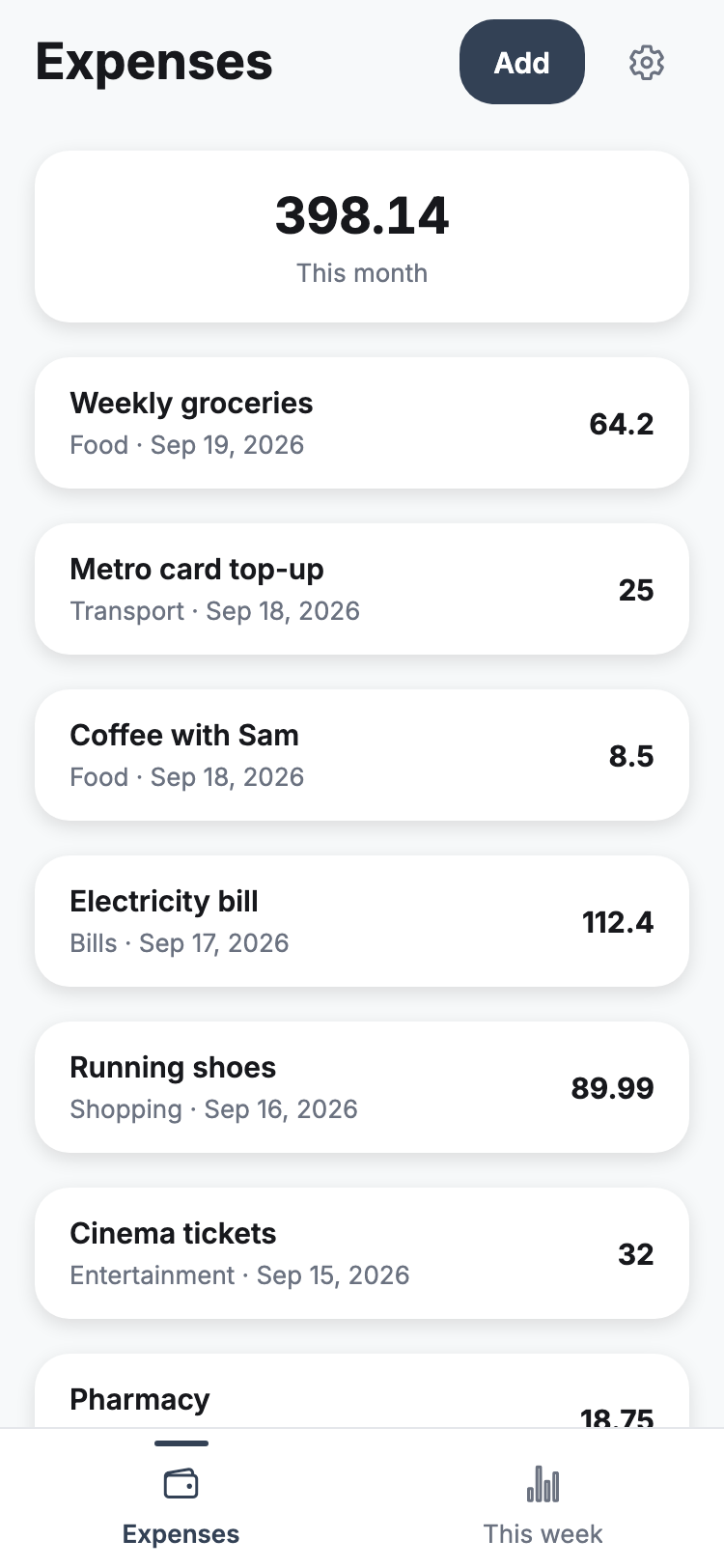 Expense list screen of an app Sorvel generated: a monthly total card above rows showing each expense with its category and date, and a bottom tab bar.